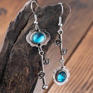 Vintage Boho Blue Engraved Petal Shape Drop Earrings Hook Dangle NEW